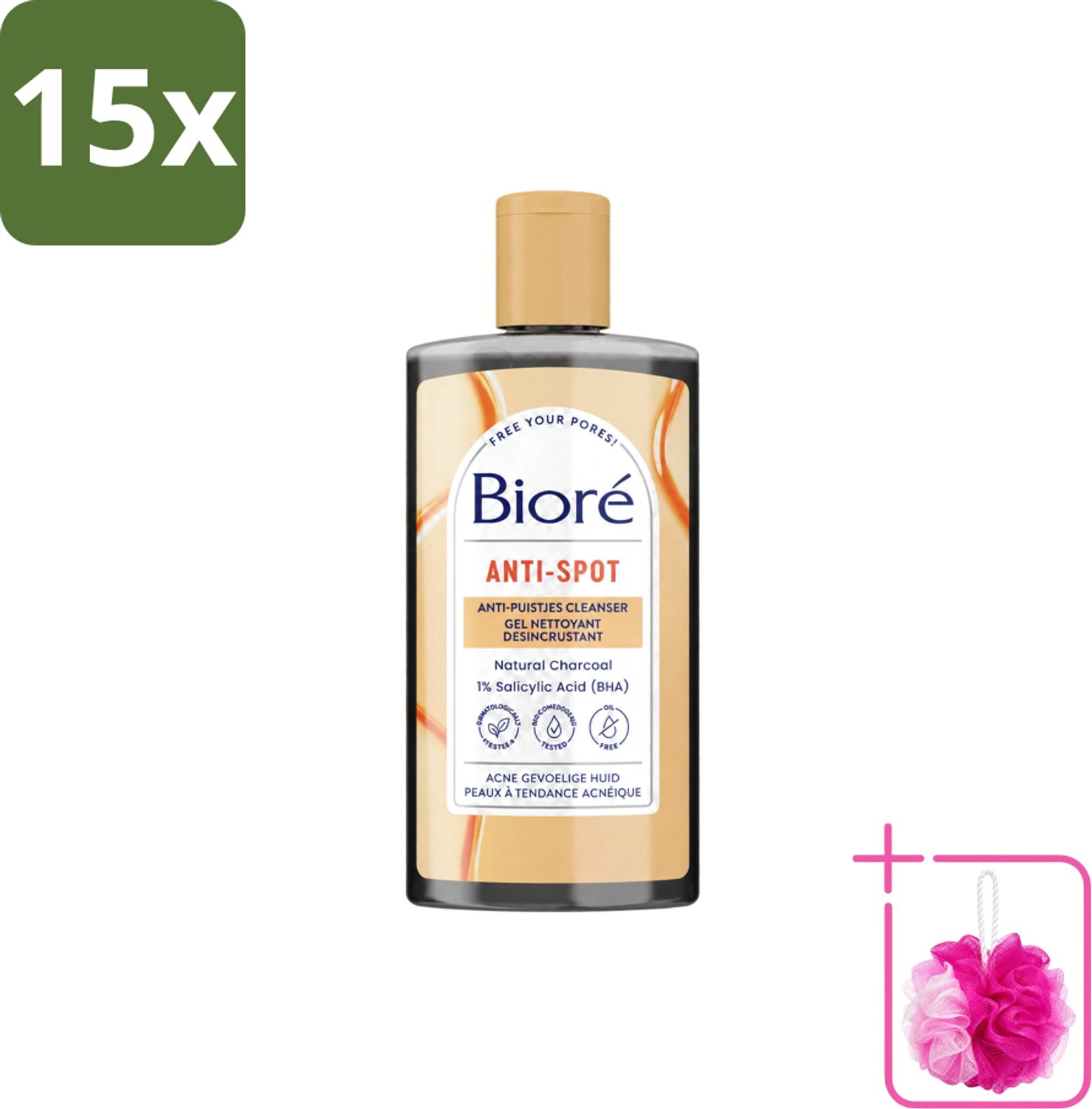 15 x Bioré – Houtskool Anti-Puistjes Reinigingsgel – Gezichtsreiniger – 200 ml - Bulkverpakking - Houtskool reinigingsgel - Douchemop - Puistjes voorkomen