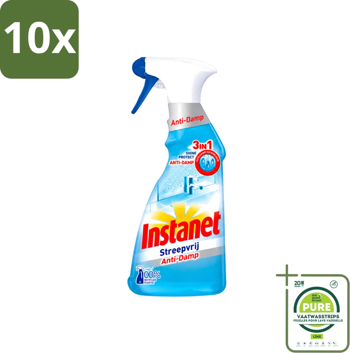 10 x Instanet - Schoonmaakspray - Anti-Damp - Streepvrij - 3in1 - 500 ml - Grootverpakking - Vaatwasstrips - Schoonmaak Spray - Anti-damp - Streepvrij - Ramen Reinigen - Glanzend Resultaat