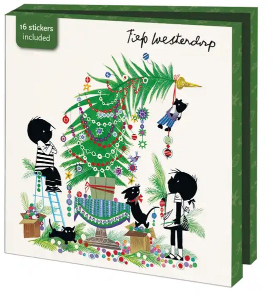 Vierkant kaartenmapje met kerstillustratie van Jip en Janneke door Fiep Westendorp, inclusief 16 stickers.