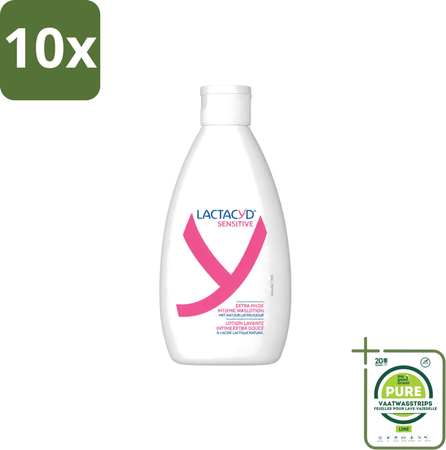 10 x Lactacyd Sensitive - Intieme Waslotion - Extra Gevoelig - Met Natuurlijk Melkzuur - 300 ml - Grootverpakking - Vaatwasstrips - Intieme Waslotion - Gevoelige Huid - Melkzuur - Katoenextract - Extra Milde Waslotion
