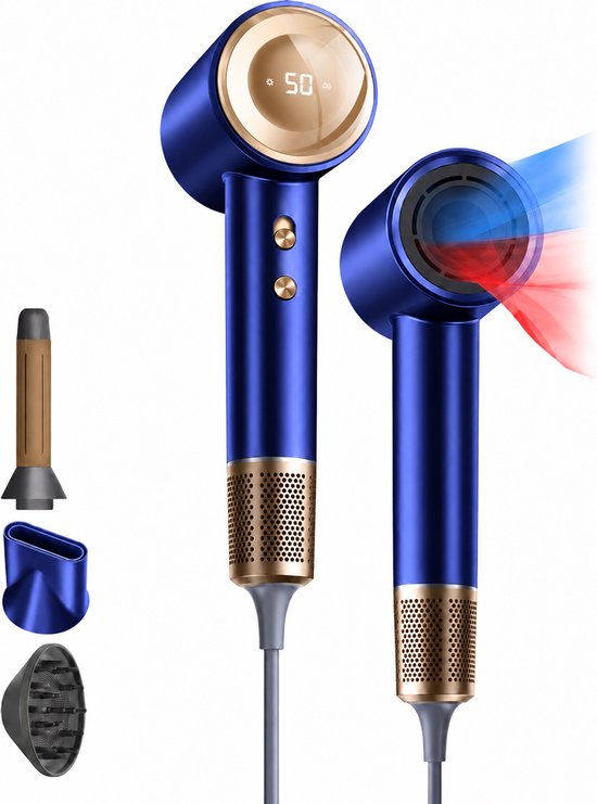 Middernachtblauwe BlowSense haardroger met gouden accenten, digitaal LED-scherm dat 50 toont en drie magnetische opzetstukken.