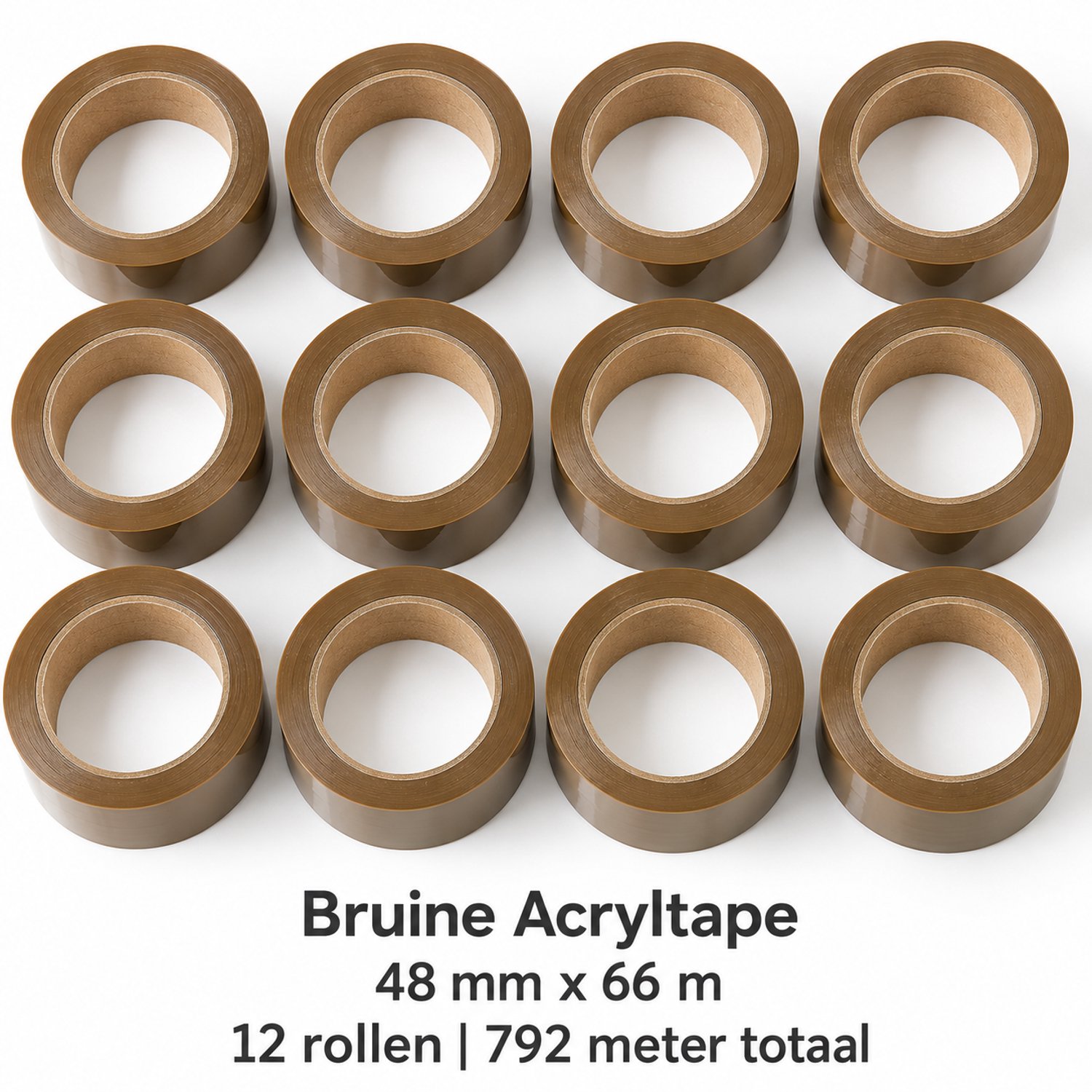 Bruine Acryltape - 48 mm x 66 m - 12 Rollen - Verpakkingstape