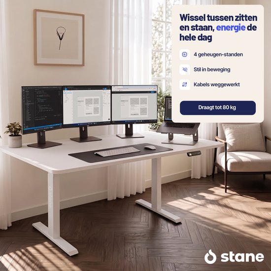 Stane bureau in wit, instelbaar voor zitten en staan, met 4 geheugenstanden en geruisloze motor.