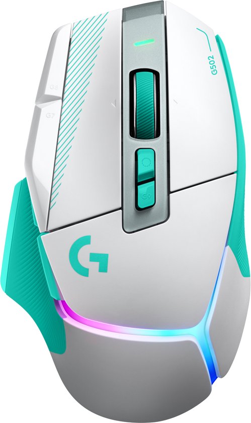 Witte G502 X draadloze gaming-muis met mintgroene accenten en kleurrijke RGB-verlichting.