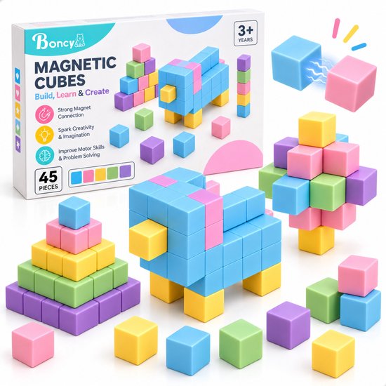 Boncy magnetische kubusset met 45 gekleurde blokken, getoond als een bouwdoos en diverse dierfiguren.