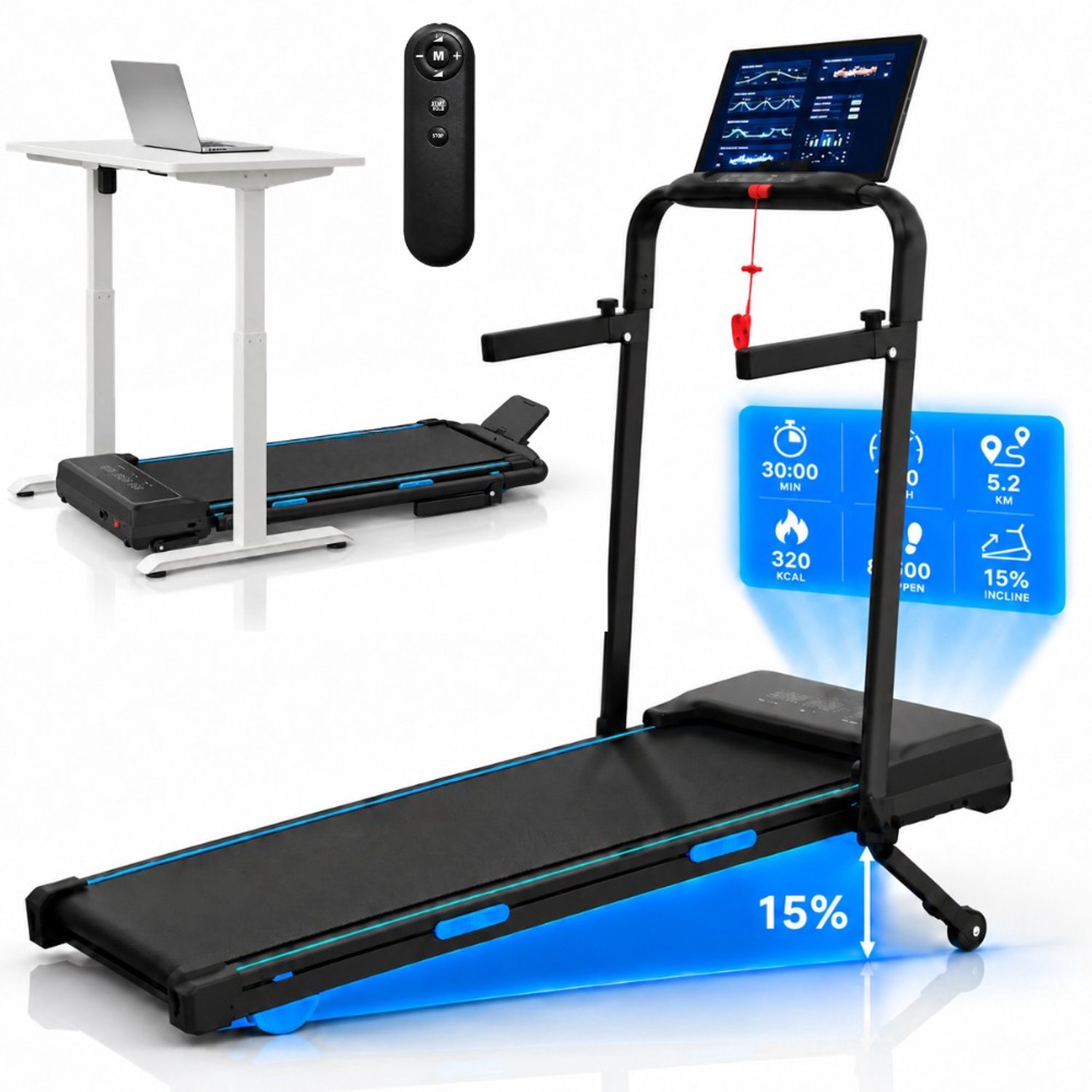 Loopband 1-12km/u met elektrische incline 15% – Walking Pad – Loopband Inklapbaar – Wandelband – Met Elektrische Hellingfunctie – Incl. Tablethouder, Afstandsbediening en App van Merkloos