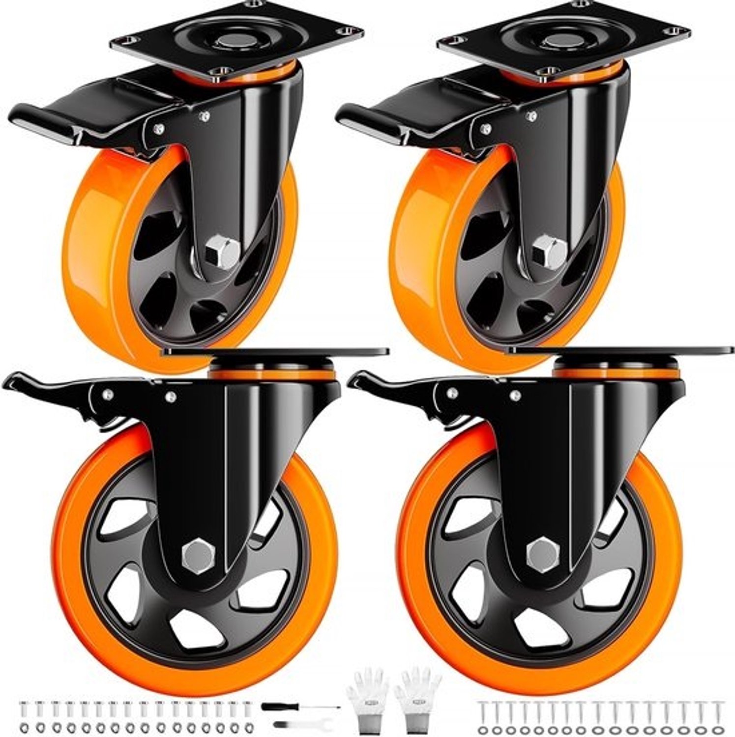 Set zwenkwielen - Stevige meubelwielen - Voor meubels verplaatsen - Dubbele rem - 2 inch breed - Oranje