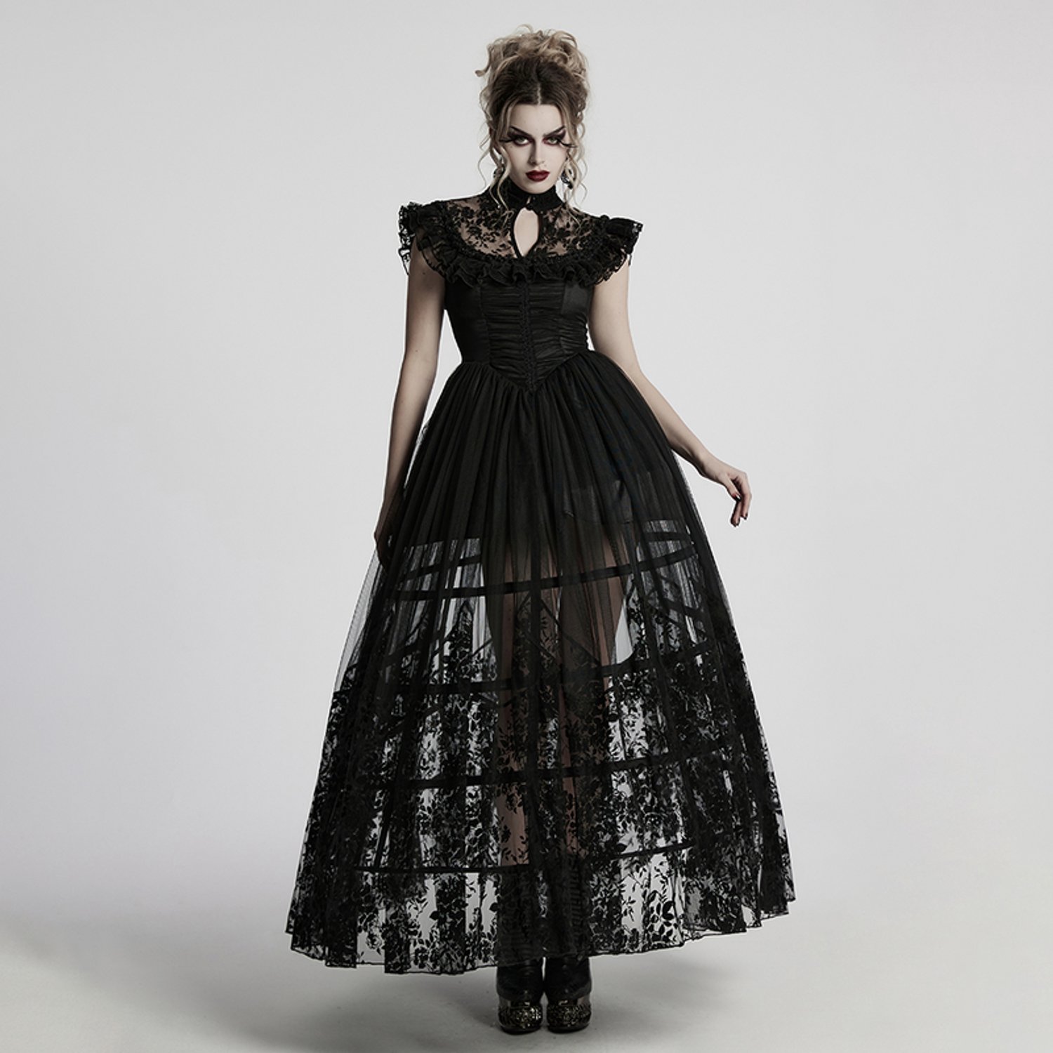 Punk Rave Gothic Little Flying Sleeve Dress Dames Maxi-jurk - zwart - XS
