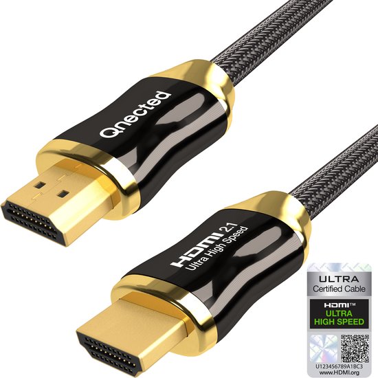 Twee HDMI 2.1-kabels met goudkleurige connectoren en een Ultra High Speed-certificeringslabel.