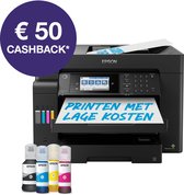 Zwarte Epson EcoTank all-in-one printer met vier inktflessen en een '€ 50 cashback' actiesticker.