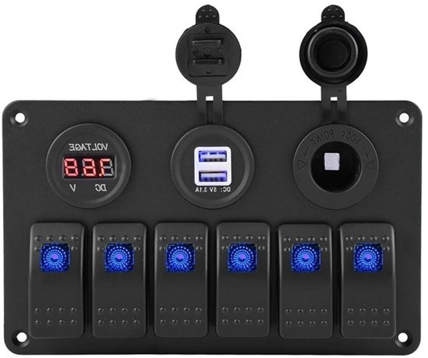 Schakelpaneel 12V - Bediening voor dashboard - Elektronica voor voertuigen - 6 schakelaars, dubbele USB - 22 x 12 cm - Blauw