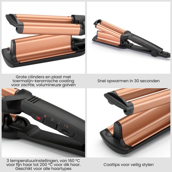 BaByliss krultang met toermalijn-keramische coating, 3 warmtestanden, 30 sec opwarmtijd en koelte-uiteinden.