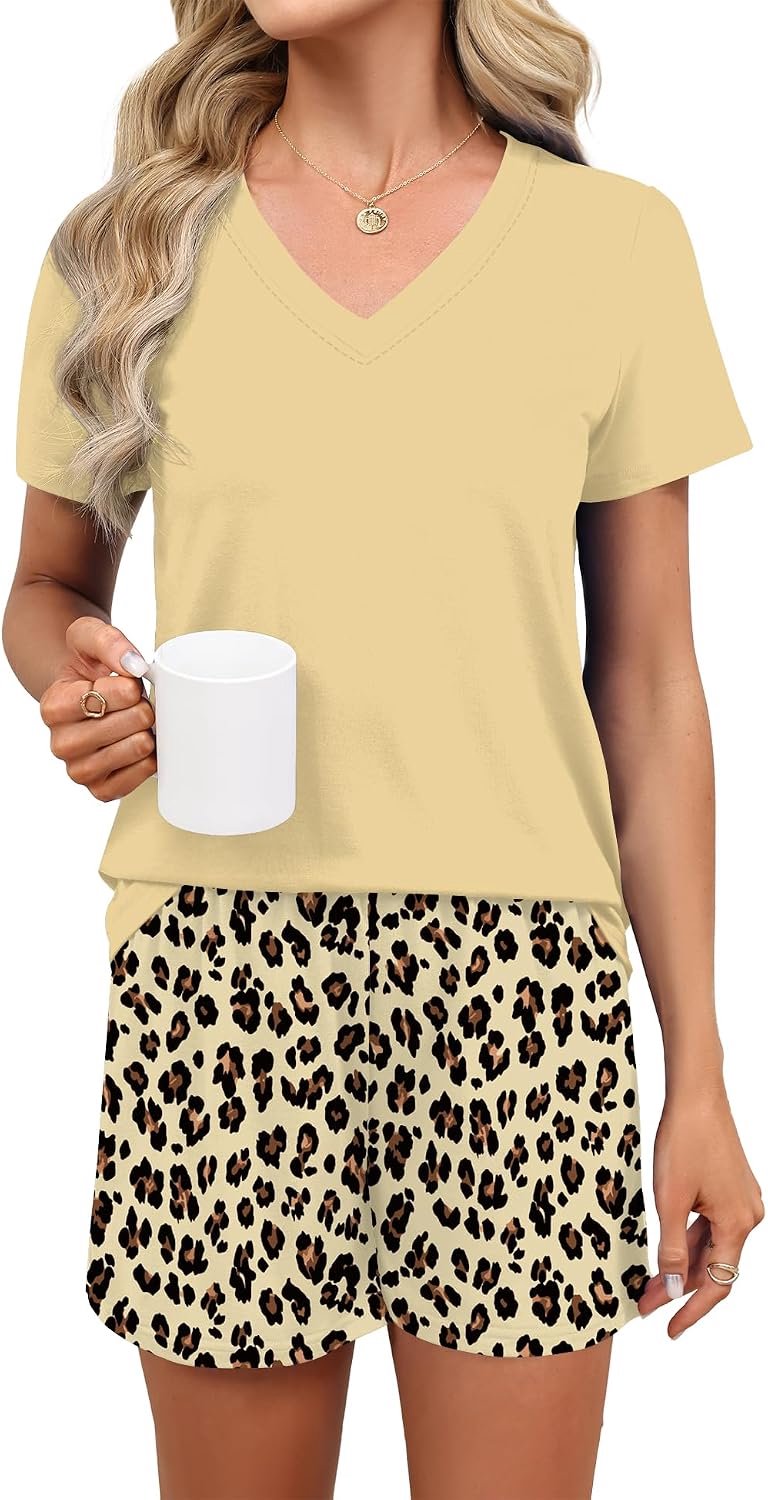 Pyjama voor dames korte mouwen pyjama leuke pyjama set V-hals loungewear sets voor vrouwen pyjama shorts tweedelige nachtkleding nachtkleding zachte kleding