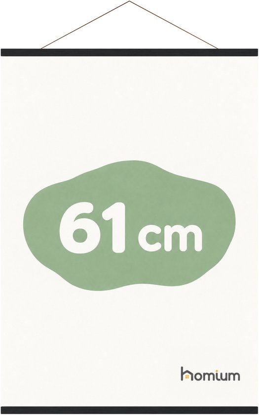 Zwarte posterhanger met een witte achtergrond en een groene vorm met de tekst 61 cm.
