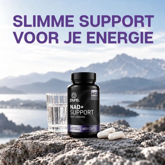 Potje NAD+ Support op rots met glas water en capsules. Tekst: Slimme support voor je energie.