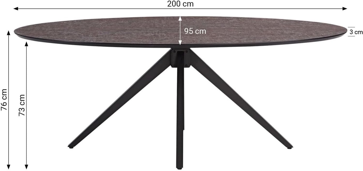 200 x 100 cm, ovaal, 8 personen, steenlook, metaal, woonkamer, eettafel, metalen frame, keuken, eetkamer