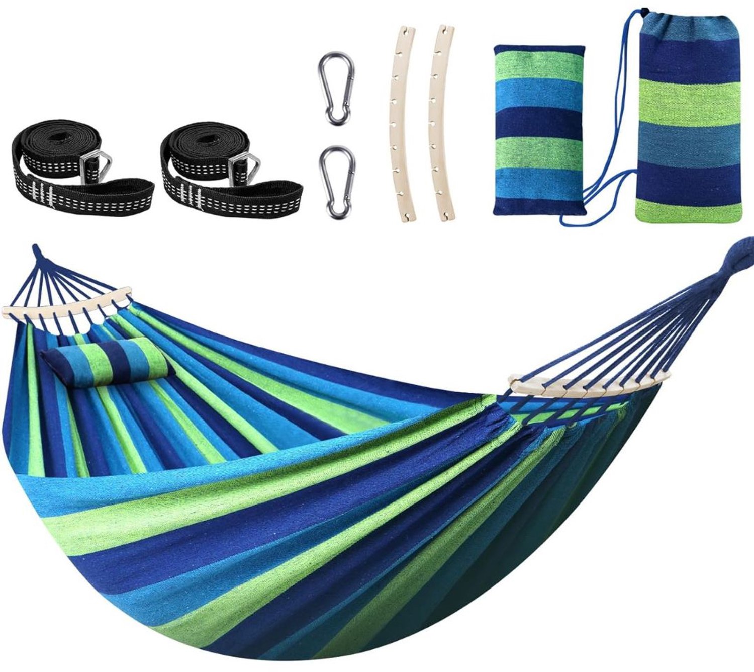 DailySupplies® Hangmat met Spreidstok - Ademend Katoen - Buitenplek - Blauw en Groen