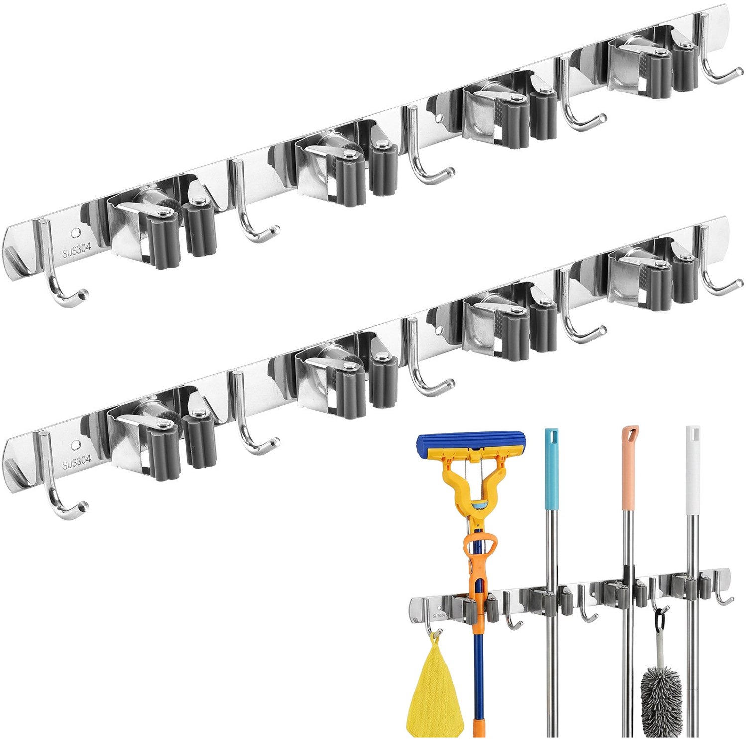 Maclean - Set van 2 stuks Wandhouder - Wandrek voor tuingereedschap en dweilen - met haken, max. belasting 20 kg, breedte 49 cm, MC-184