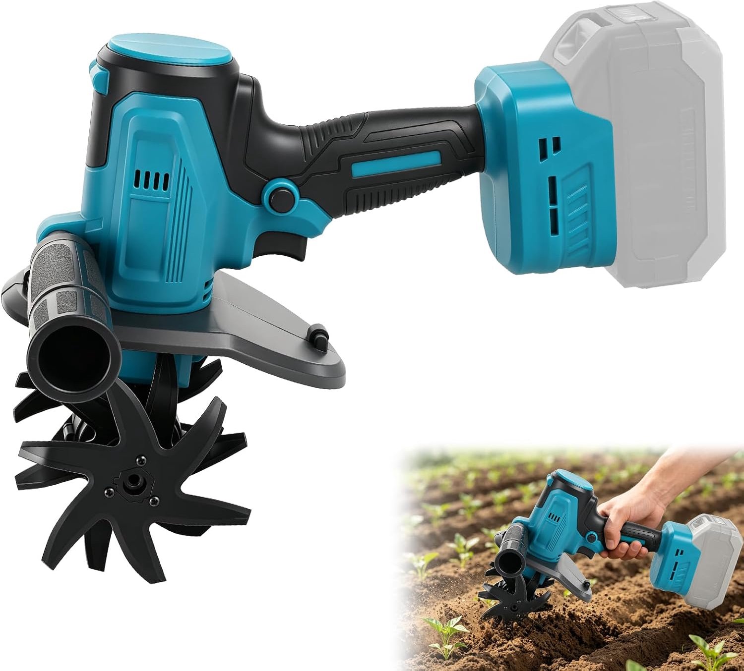 Accu-handcultivator voor Makita 18V-accu, tuinfrees met 2 stalen tanden, 10,3 cm werkbreedte en 12,8 cm werkdiepte, ergonomisch greepdesign, voor kleine tuinwerkzaamheden (zonder batterij)