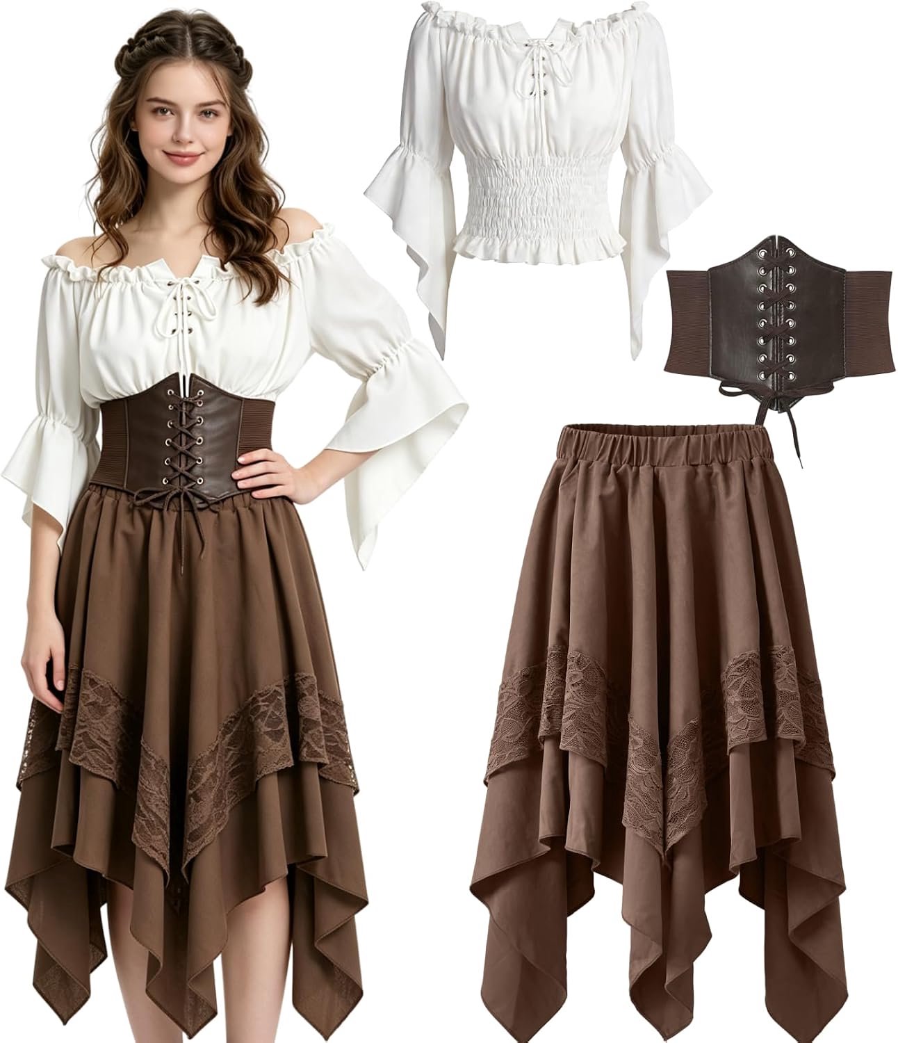 Piratenkostuum Middeleeuwse Set – Blouse, Korset, Rok, Riem, Gothic