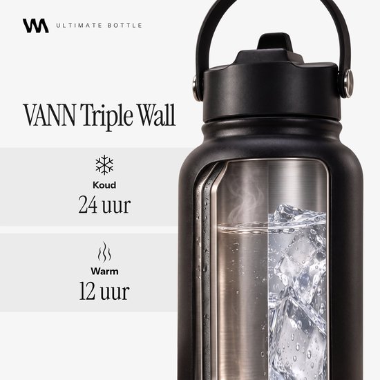 VANN triple-wall drinkfles met een doorsnede die ijs en water toont; 24 uur koud en 12 uur warm.