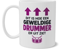 Mok Drummer Dit Is Hoe Een Geweldige Drummer Er Uit Ziet Origineel Cadeau Slagwerker Band Muzikant Grappige Beker met Dubbelzijdige Print Wit Paars Koffiebeker voor Oefenruimte, Studio en Thuis