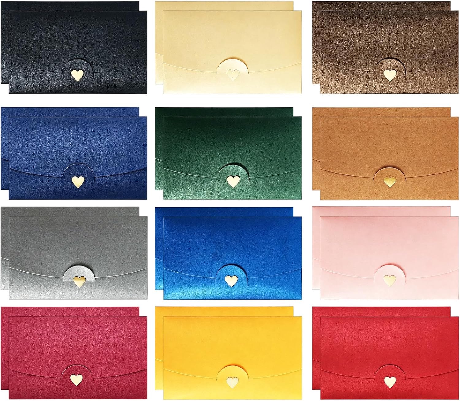 Set van 24 Kleurrijke Enveloppen met Hartsluiting, 12 Kleuren