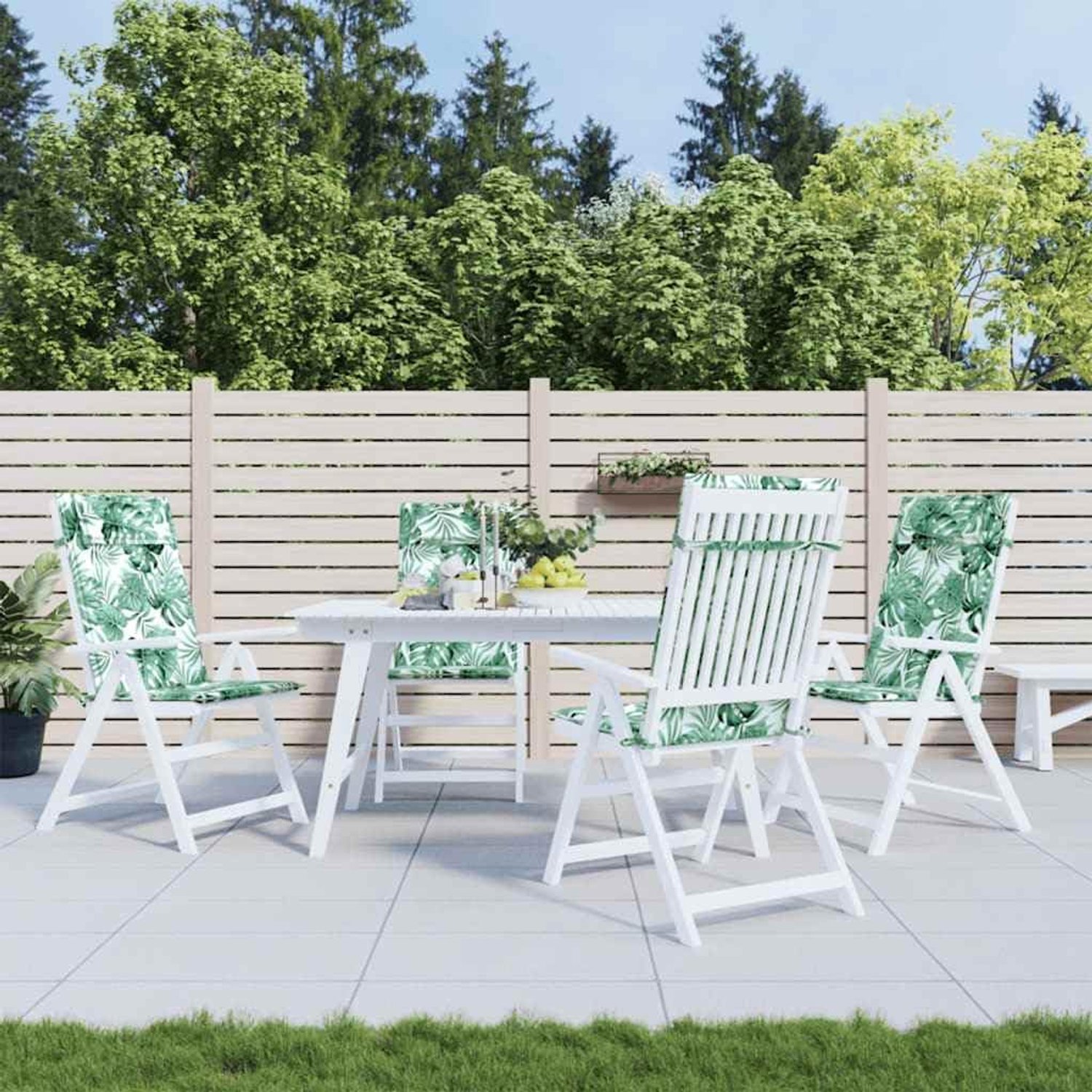Kussens met hoge rugleuning, 4 stuks, met bladpatroon van waterafstotend Oxford-weefsel, gevuld met schuimvezels voor zacht zitcomfort, ideaal als tuinmeubelkussen
