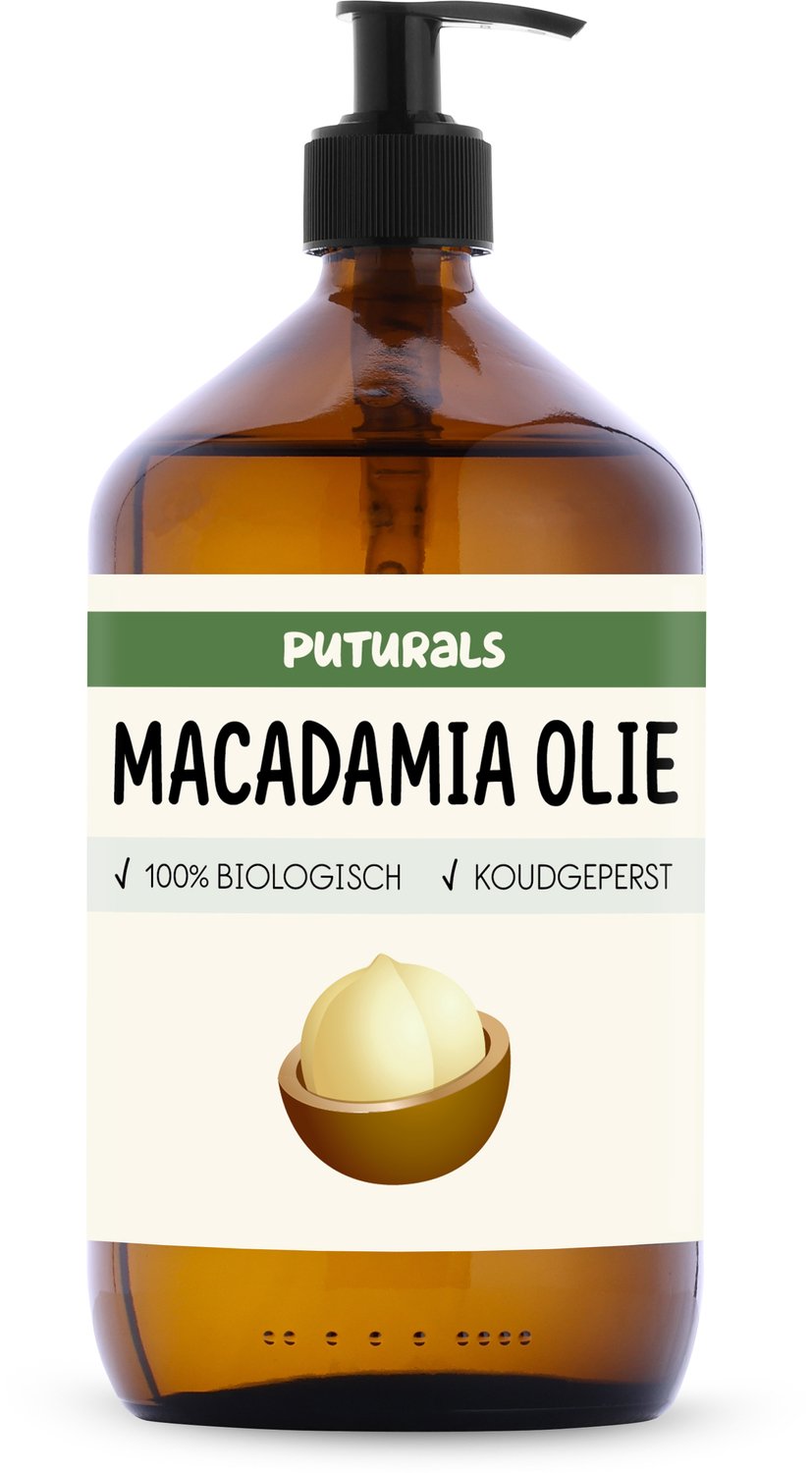 Puturals Macadamia Olie 100% Biologisch - 1000ml - Puur en Koudgeperst- Macadamia Olie voor Huid, Haar en Lichaam - Rijk aan Omega 7 en 9- Macadamia Oil als Huidolie en Haarolie - Bruine Glazen Fles + Pomp