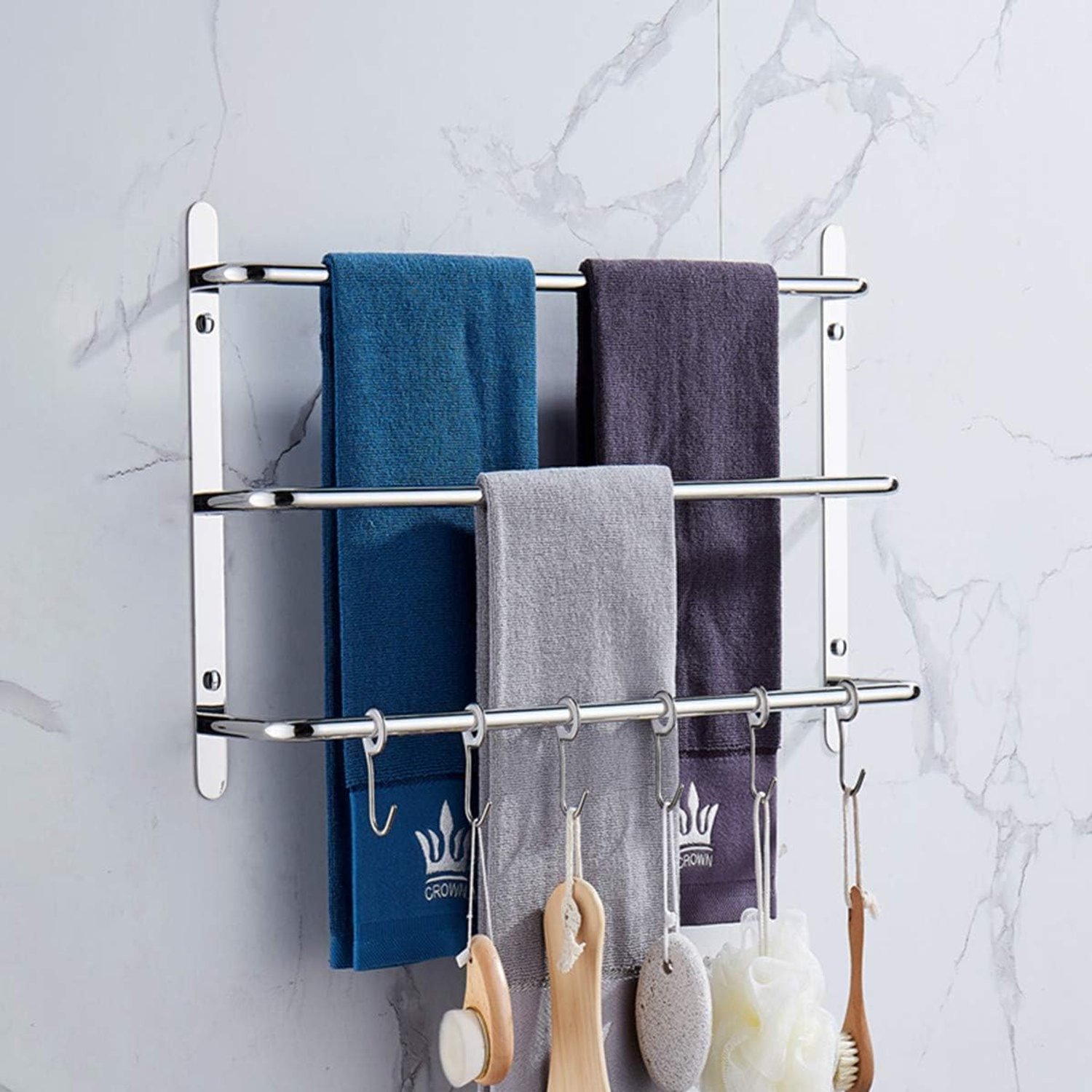 Accessoires Drie Stagger Handdoek Bars Handdoekenrek met ZES Beweegbare Haken Roestvrij Staal Heldere Polijsten Zilver 17.7" 45cm