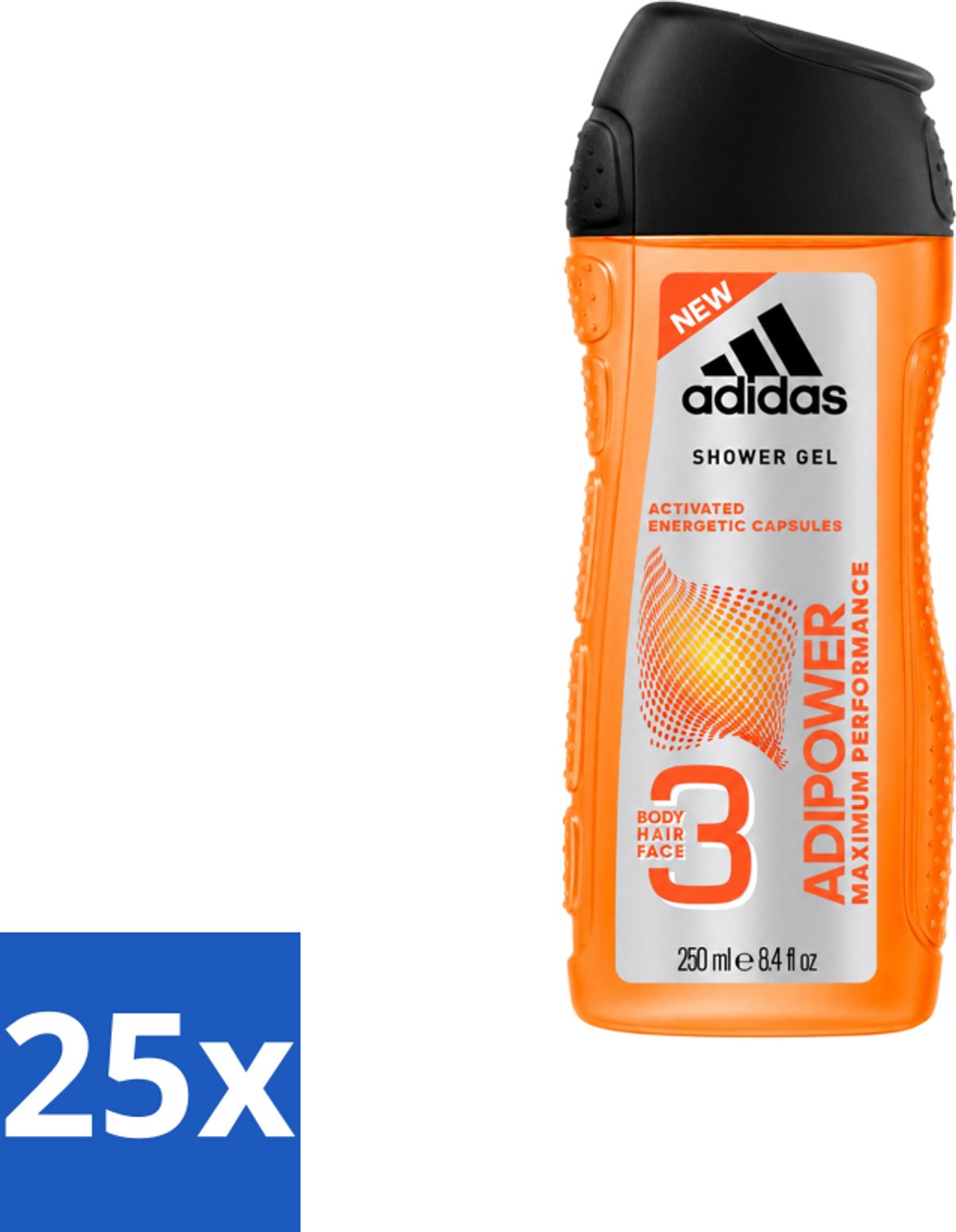 25 x Adidas - 3-in-1 Douchegel - Adipower Maximum Performance -250 ml - Voordeelverpakking - 25 stuks