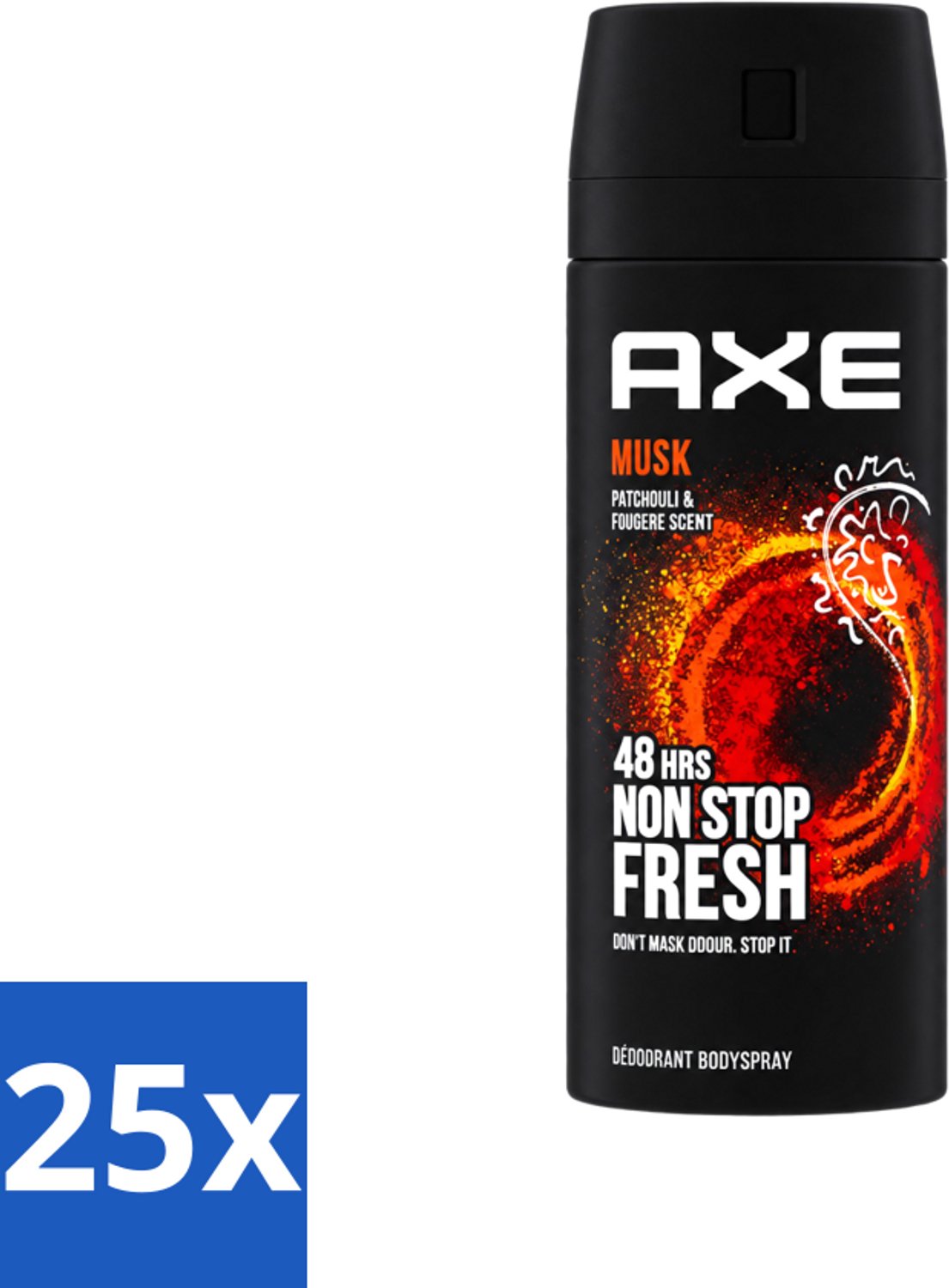 25 x Axe - Deodorant Bodyspray - 48hrs Non Stop Fresh - Musk - Patchouli & Fougere - 150 ml - Voordeelverpakking - 25 stuks
