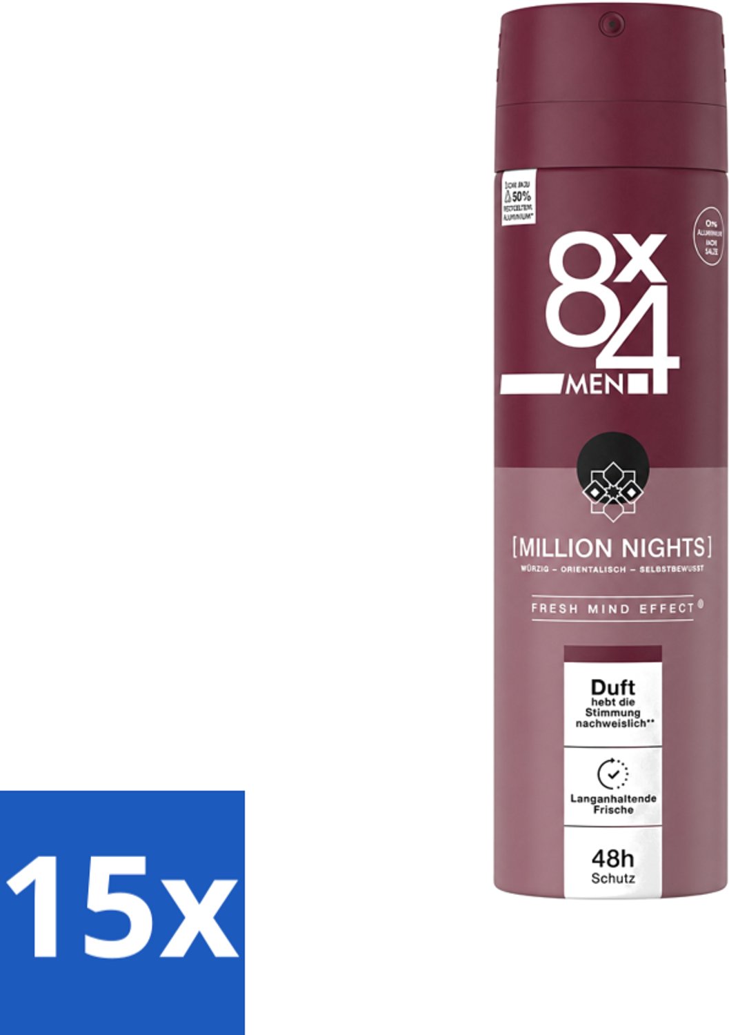 15 x 8 x 4 Deospray Men - No.18 Millions Nights - Deodorant - Voor Heren - 150 ml - Voordeelverpakking - 15 stuks