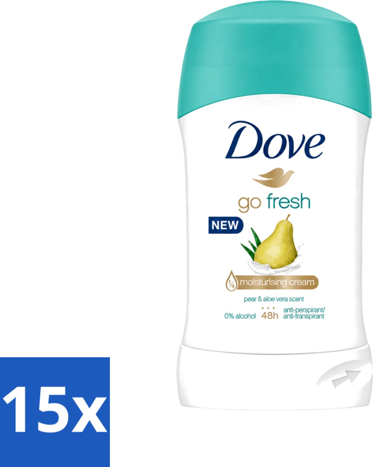 15 x Dove - Deodorant - Stick Go Fresh Pear & Aloe Vera - Frisse geur en bescherming - 40 ml - Voordeelverpakking - 15 stuks