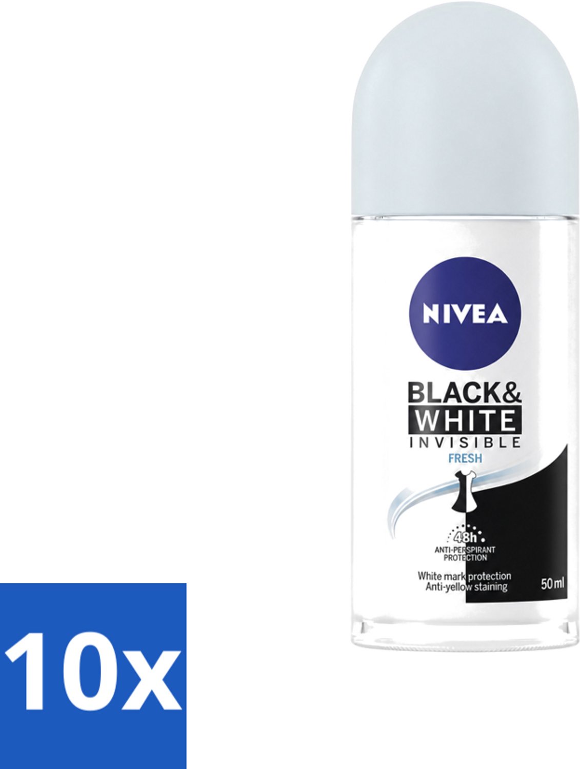 10 x Nivea - Deodorant - Roller - Black & White Invisible Fresh - 50 ml - Voordeelverpakking - 10 stuks