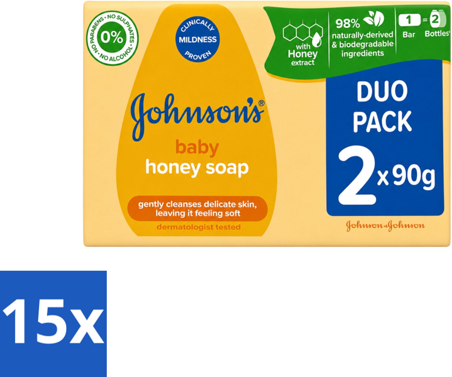 15 x Johnson's - Baby Honey Soap - Zacht - Reinigt Gevoelige Huid - 2 x 90 g - Voordeelverpakking - 15 stuks