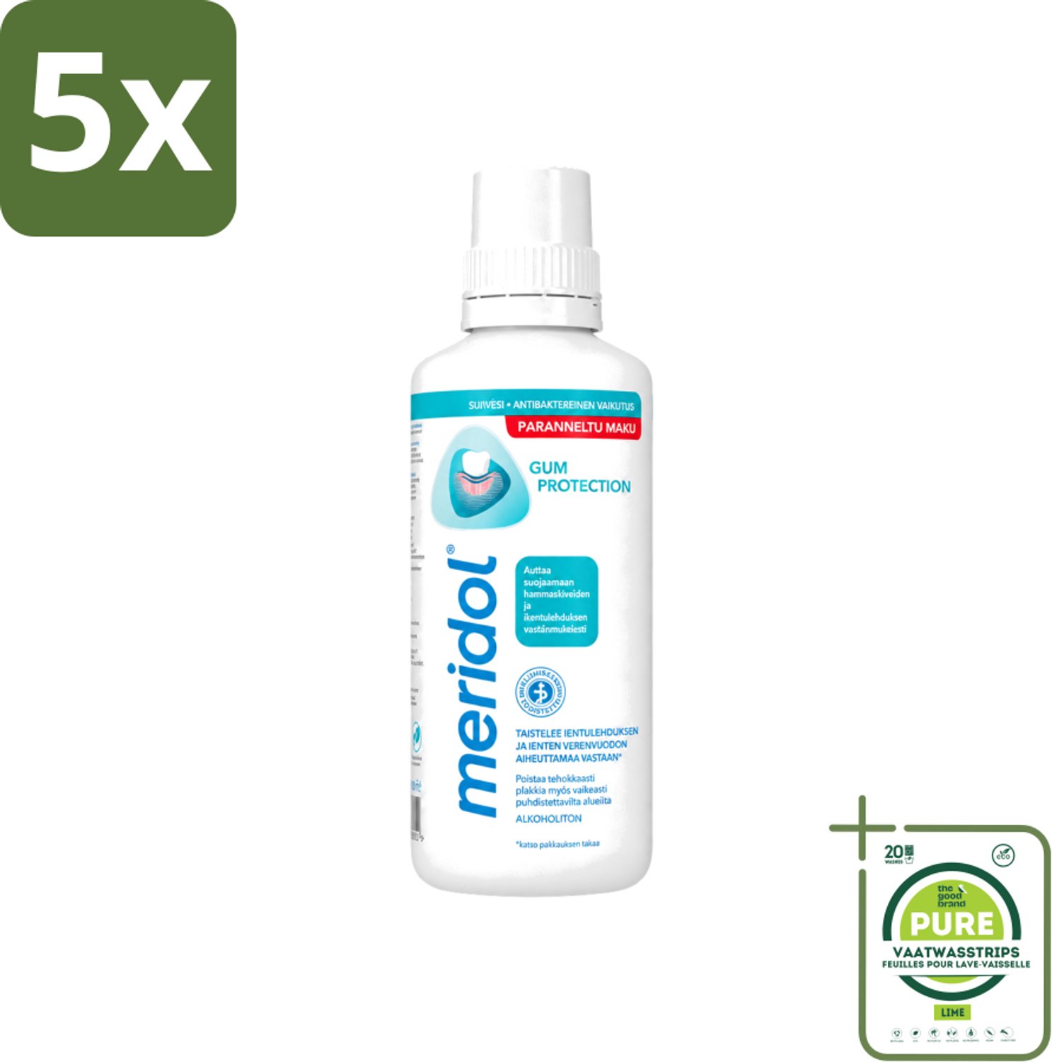 5 x Meridol - Mondspoeling - Dagelijkse Mondverzorging - Voorkomt Tandvleesproblemen - 400 ml - Grootverpakking - Vaatwasstrips - Mondspoeling - Tandvleesverzorging - Tandvleesproblemen - Mondhygiëne - Plaquebacteriën