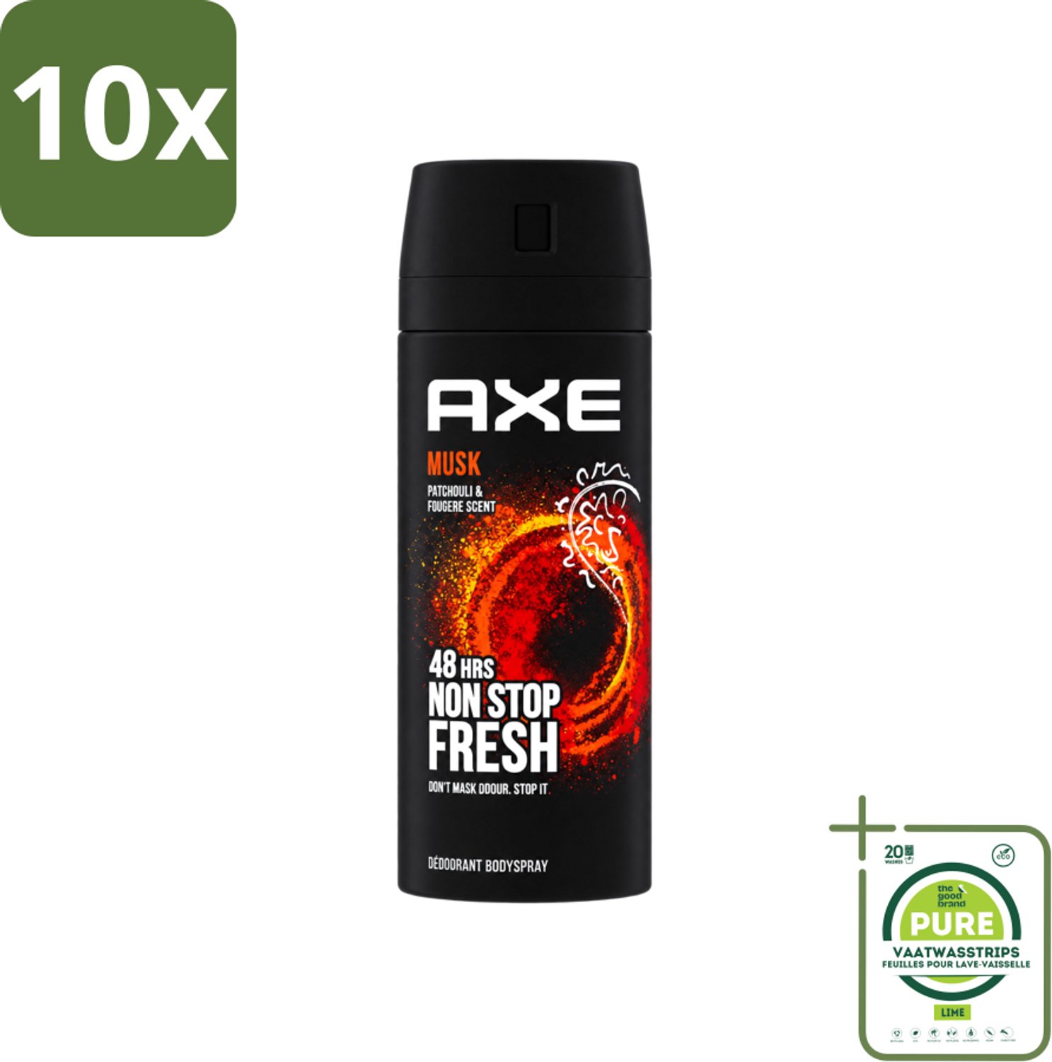 10 x Axe - Deodorant Bodyspray - 48hrs Non Stop Fresh - Musk - Patchouli & Fougere - 150 ml - Grootverpakking - Vaatwasstrips - Axe Musk Deodorant - Deospray Musk - Musk Geur - Deodorant Bodyspray - Geur Bescherming