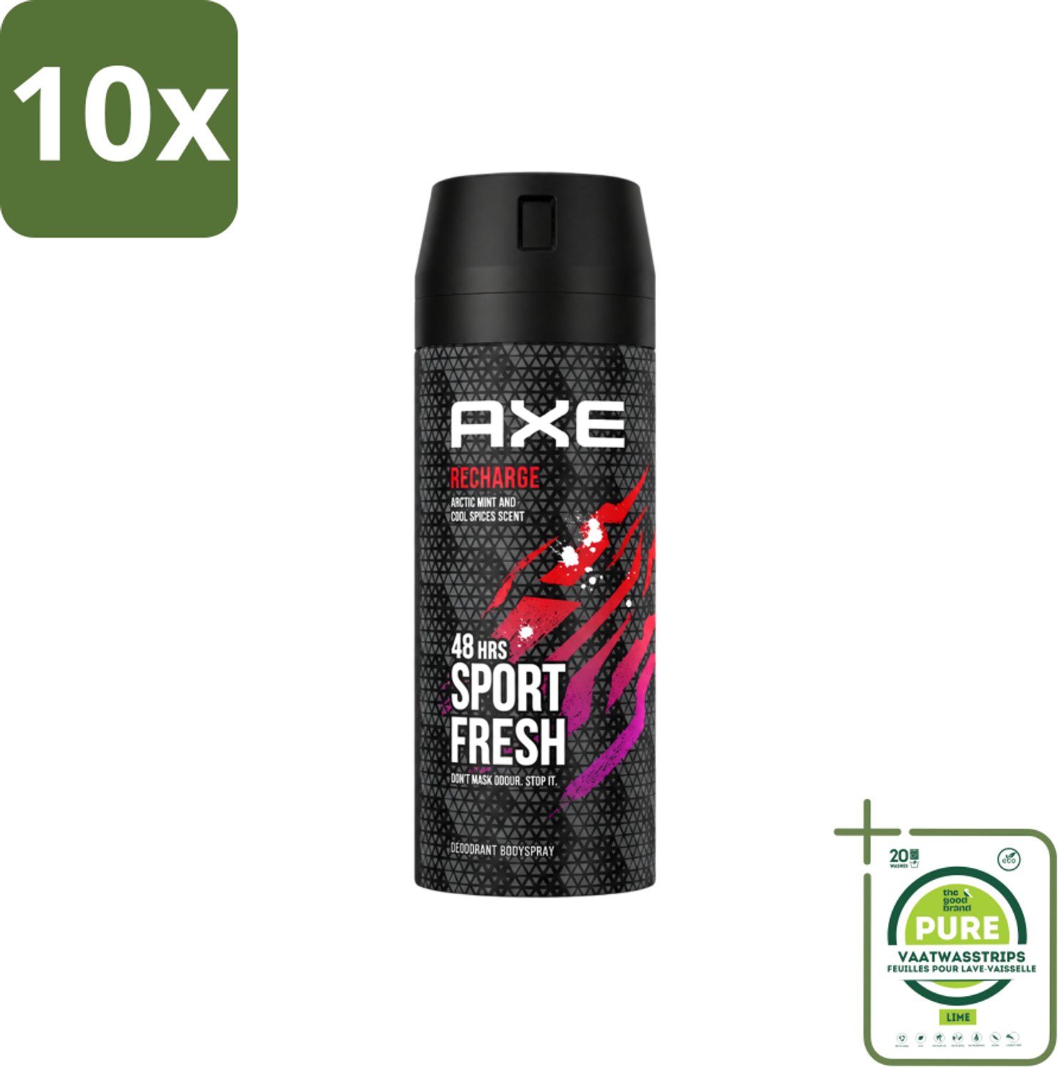 10 x Axe - Deodorant Bodyspray - 48hrs Sport Fresh - Recharge - Arctic Mint & Cool Spices - 150 ml - Grootverpakking - Vaatwasstrips - Deodorant - Bodyspray - Sport Fresh - Axe - Geur