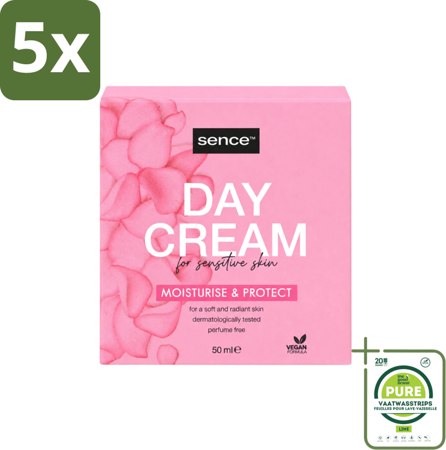 5 x Sence - Gevoelige Huid - Dagcrème - Verzachtend - 50 ml - Grootverpakking - Vaatwasstrips - Gevoelige Huid Crème - Dagcrème - Verzorging - Hydraterende Crème - Huidbescherming