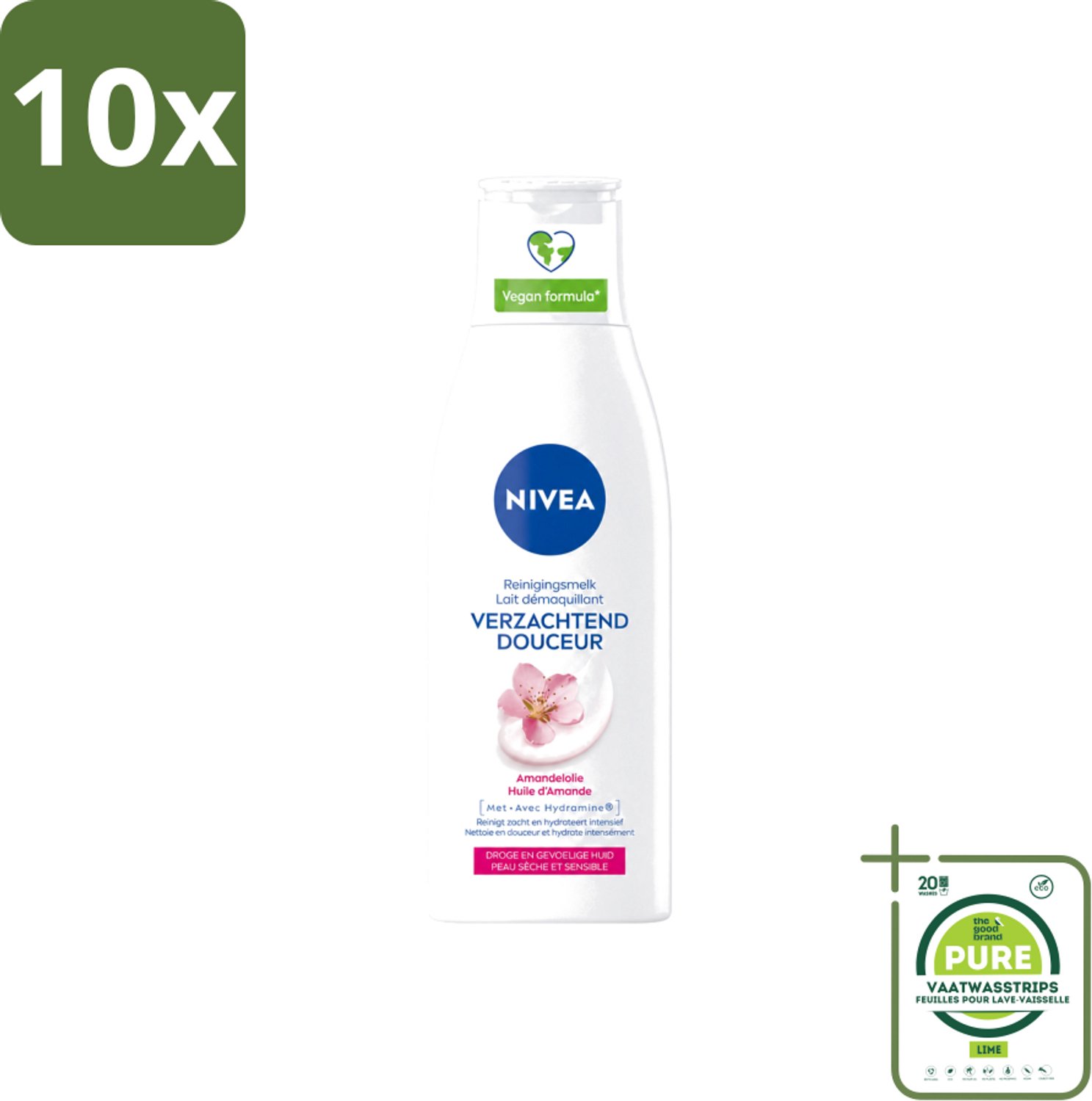 10 x Nivea - Gezichtsreiniger - Droge en Gevoelige Huid - Amandelolie - Hydramine - 200 ml - Grootverpakking - Vaatwasstrips - Gezichtsreiniger - Droge Huid - Gevoelige Huid - Amandelolie - Hydramine