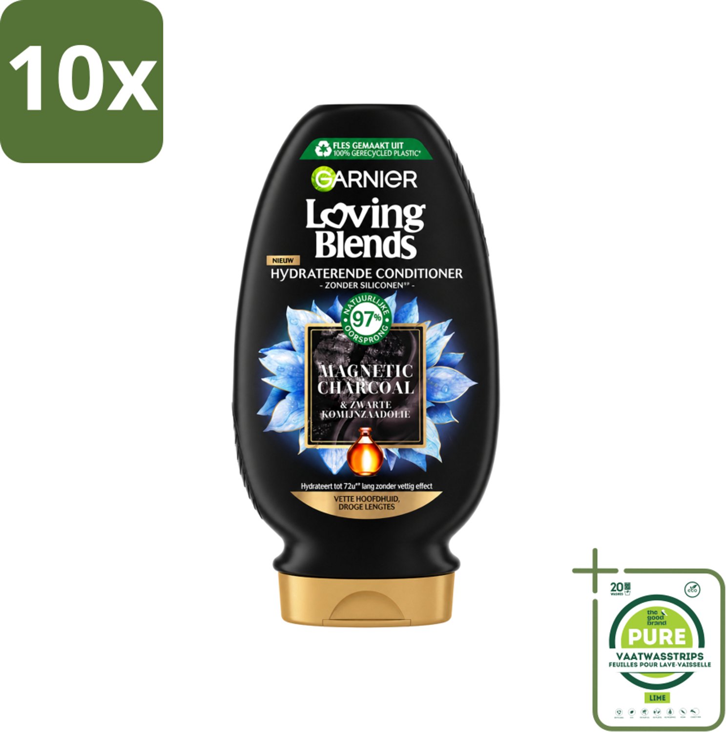 10 x Garnier - Loving Blends - Conditioner - Magnetic Charcoal - Vette Hoofdhuid & Droge Lengtes - 250 ml - Grootverpakking - Vaatwasstrips - Haarverzorging - Vet Hoofd - Droge Haartippen - Zuiverende Conditioner - Hydraatatie
