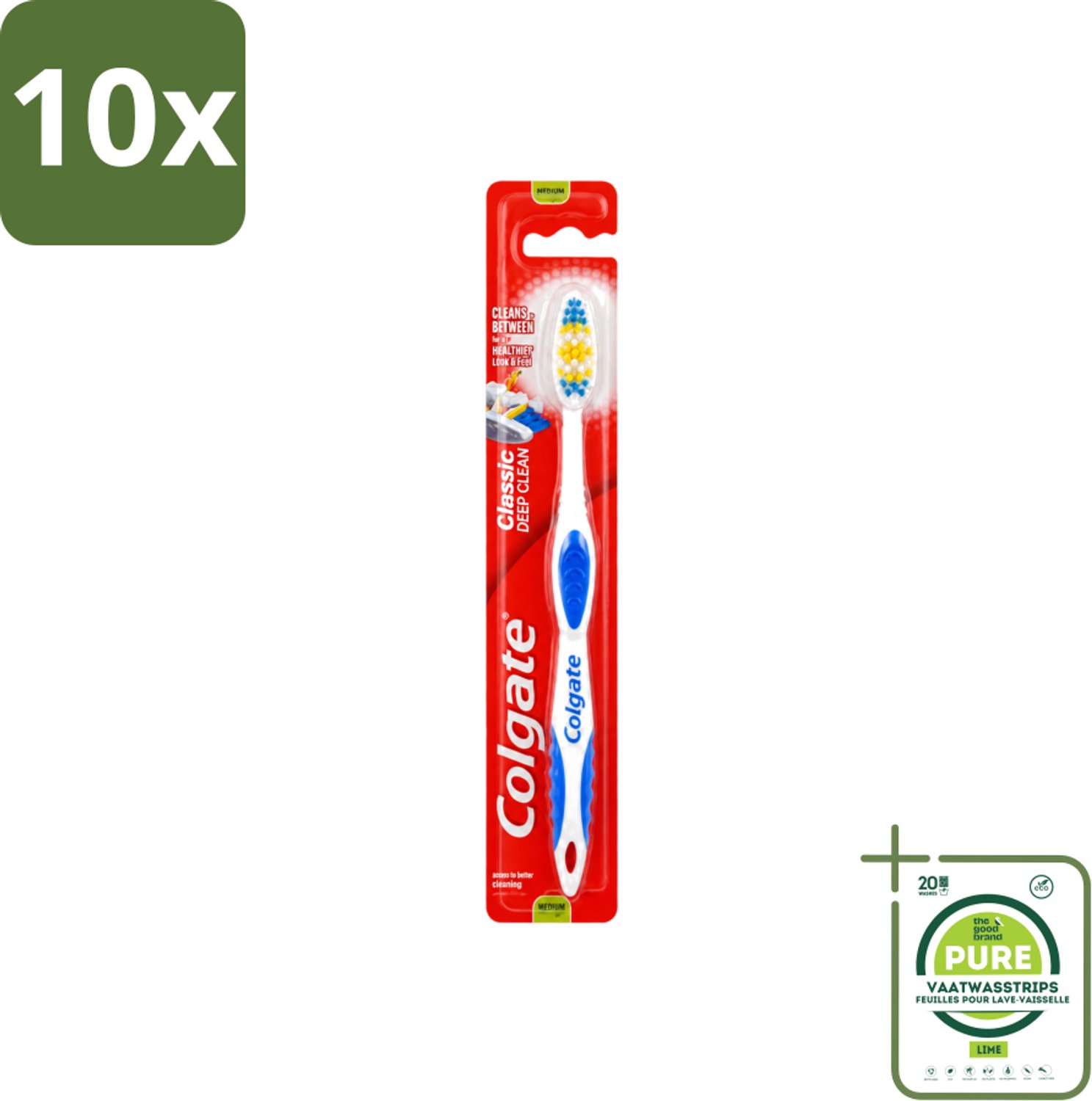 10 x Colgate - Tandenborstel - Classic Deep Clean Medium - 1 Tandenborstel - Grootverpakking - Vaatwasstrips - Tandenborstel - Mondhygiëne - Tanden Poetsen - Tandplak Verwijderen - Gezonde Mond