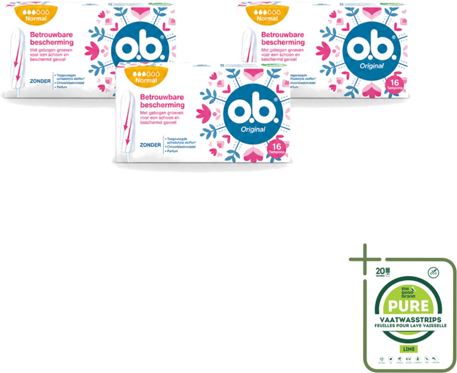 3 x o.b. Tampons - Original Normal - Voor Comfort en Betrouwbare Bescherming - 16 Tampons - Grootverpakking - Vaatwasstrips - Tampons - Menstruatiebescherming - Plantaardige Tampons - Chloorvrije Tampons - Parfumvrije Tampons