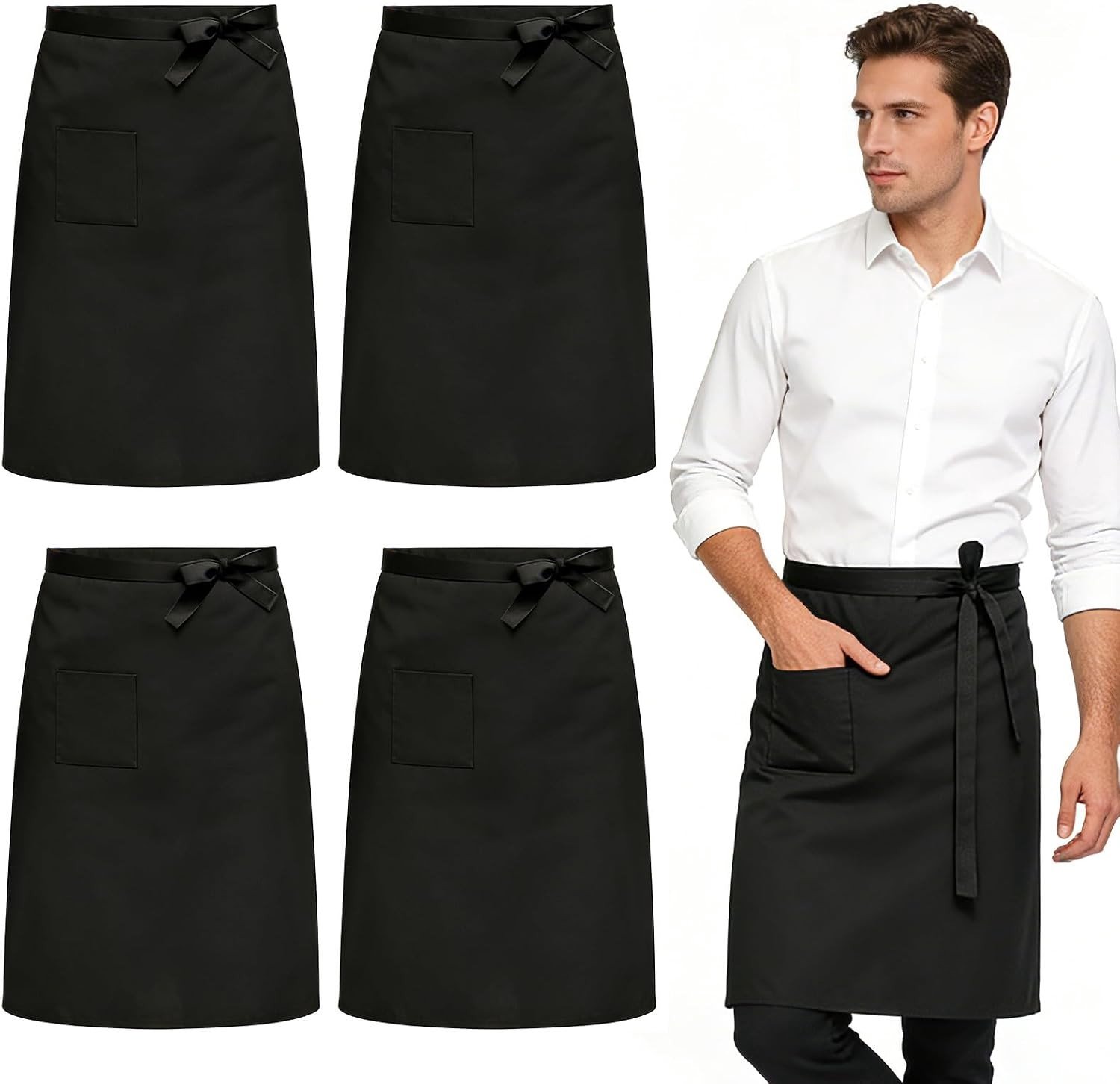 4-delige Strap-On Schort, 70 x 70 cm Keukenschort, Zwart Schort voor Koken, Bakken en Barbecue met Verstelbare Bandjes voor Mannen en Vrouwen