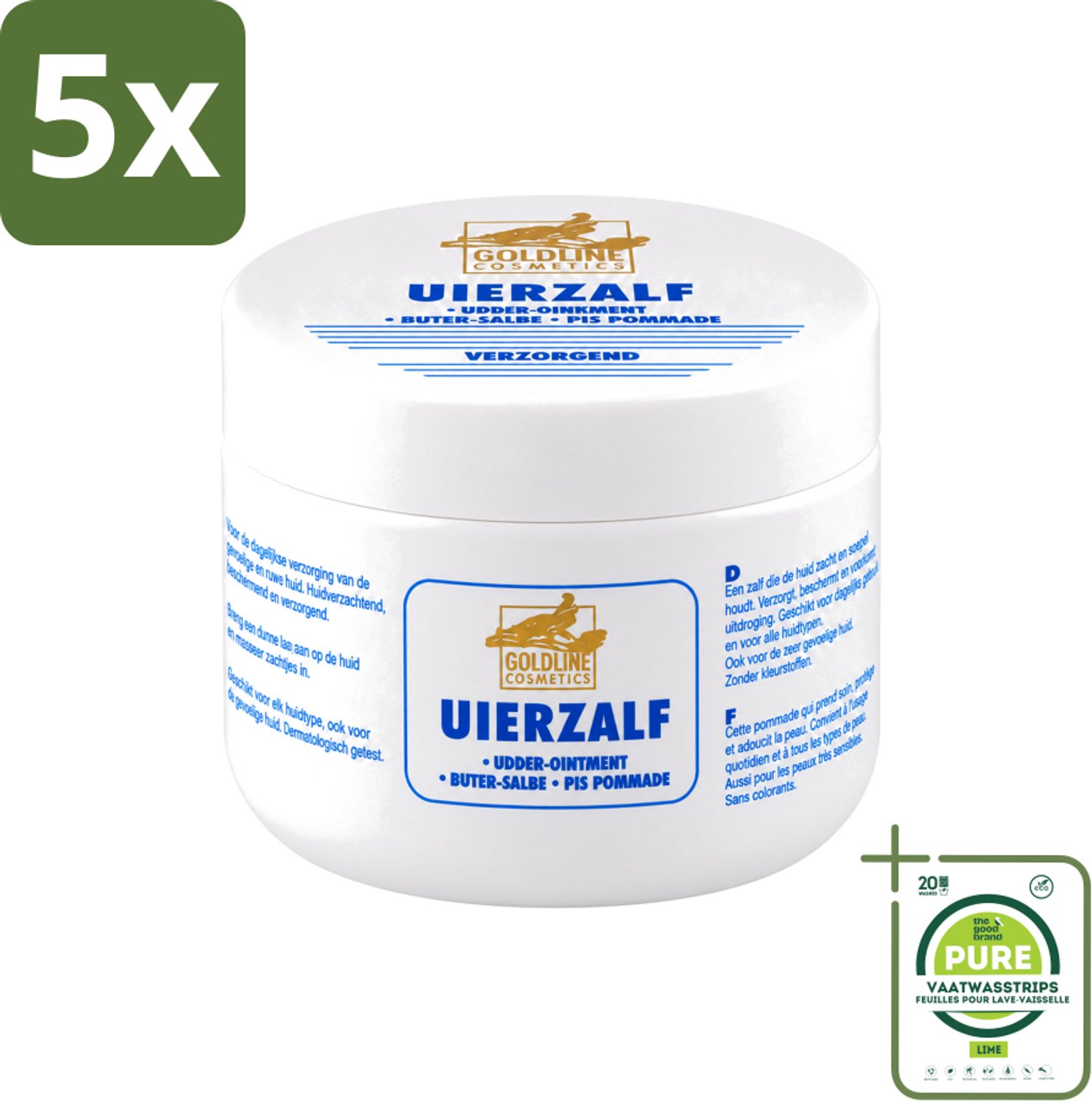 5 x Goldline - Uierzalf - Bodycrème - Beschermend - 250 ml - Grootverpakking - Vaatwasstrips - Uierzalf - Huidbescherming - Huidverzorging - Droge Huid - Gevoelige Huid