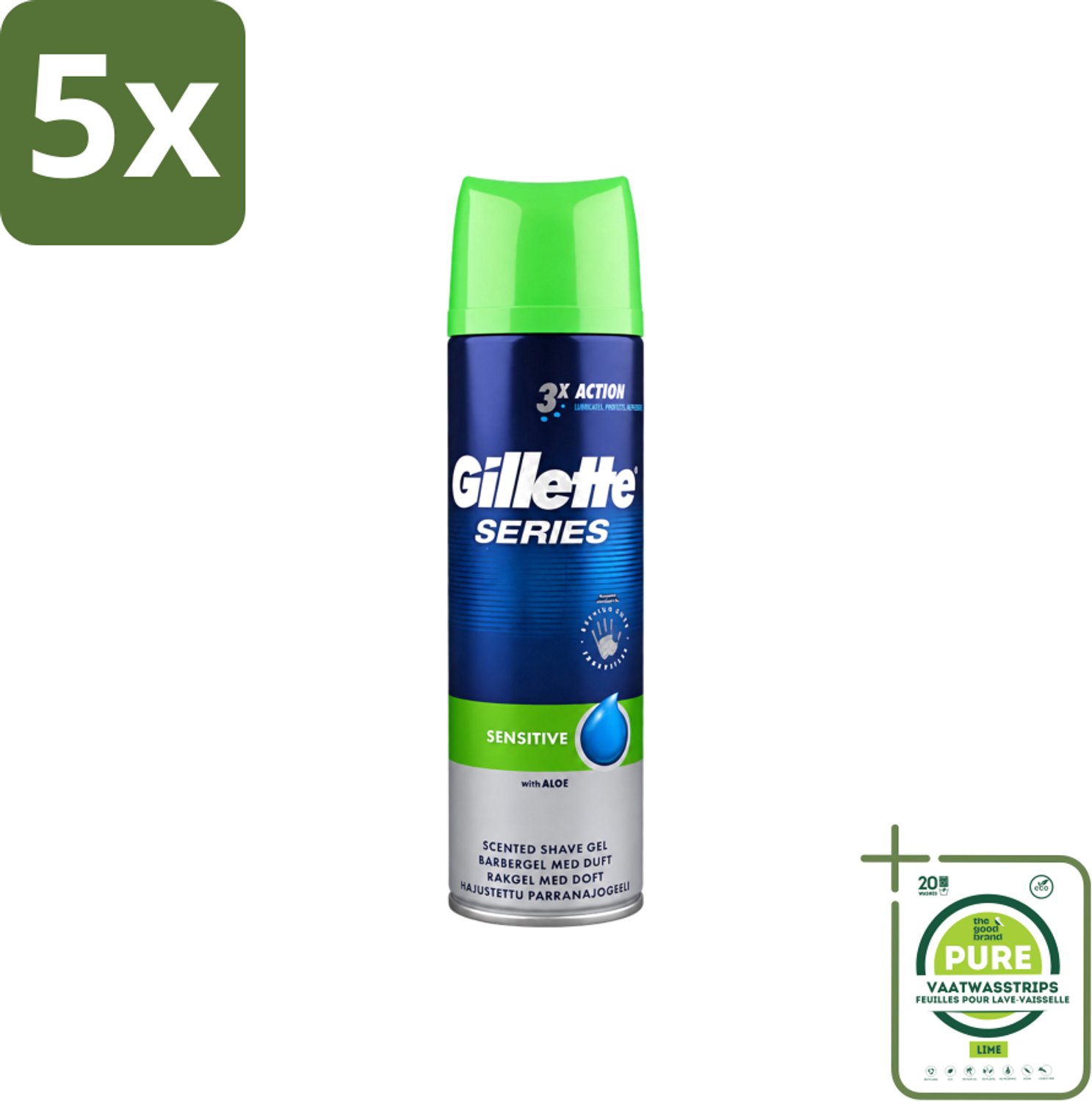 5 x Gillette Series - Scheergel - Sensitive - Aloe Vera - Voor de gevoelige huid - 200 ml - Grootverpakking - Vaatwasstrips - Gevoelige Huid - Scheergel - Scheren - Schuim - Roodheid