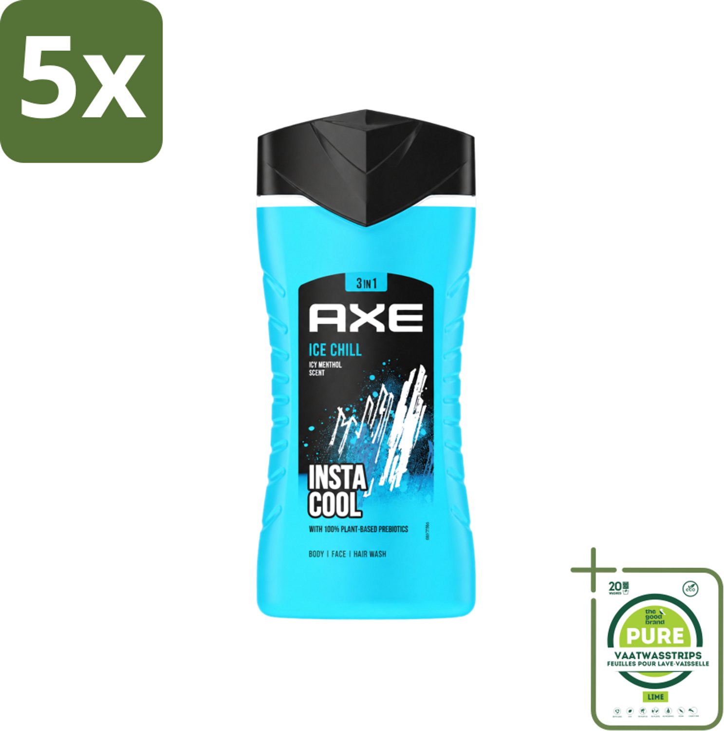 5 x Axe - 3-in-1 Douchegel - Ice Chill - Icy Menthol - Insta Cool - 100% Plantaardig - 150 ml - Grootverpakking - Vaatwasstrips - Douchegel - Menthol - 3-in-1 - Frisheid - Onweerstaanbare Geur