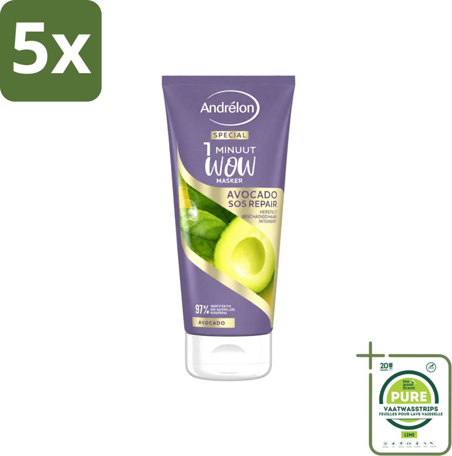 5 x Andrélon - 1 Minuut Wow Haarmasker - Avocado SOS Repair - 180 ml - Grootverpakking - Vaatwasstrips - Haarmasker - Haarherstel - Avocado Masker - Beschadigd Haar - 1 Minuut Herstel