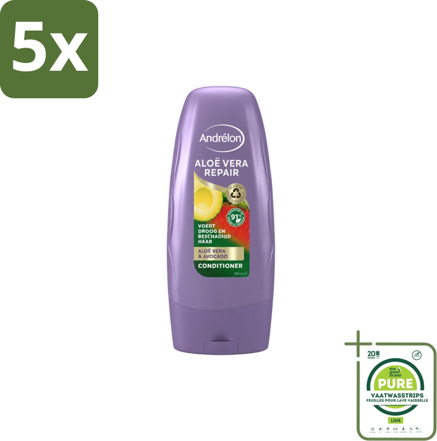 5 x Andrélon - Aloe Vera Repair - Conditioner - Verzachtend & Herstellend - 250 ml - Grootverpakking - Vaatwasstrips - Haarherstel - Haarverzorging - Droog Haar - Beschadigd Haar - Aloe Vera